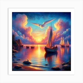 Sunset Sailboats Art Print