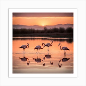 Flamingos At Sunset art print Art Print