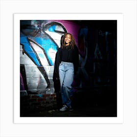 Teenager Exuding Trendiness Smiling With Ease Standing In An Urban Coolspot Leaning Casually Agai Art Print