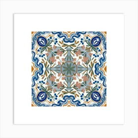 Moroccan Tile, Oriental Art, North African Ethnic Decor in Blue and Orange 2 Art Print