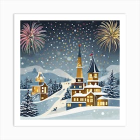 Christmas Village With Fireworks Art Print