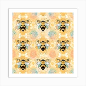 Bees On A Yellow Background Art Print