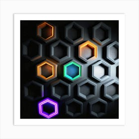 Hexagonal shapes with neon lights, futuristic, cyberpunk, background 2 Art Print