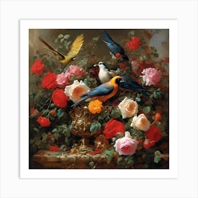 Birds And Roses Art Print