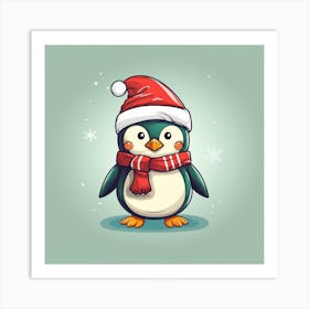 Cartoon Penguin In Santa Hat Art Print