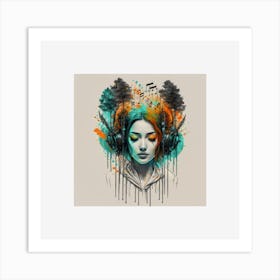 Girl With Headphones Art Print