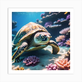 Sea Turtle On Coral Reef Art Print