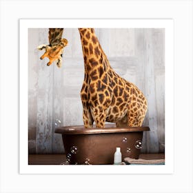 Giraffe In The Tub Square Art Print