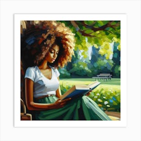 Afro Girl Reading A Book, Acrylic Painting Style Art Print