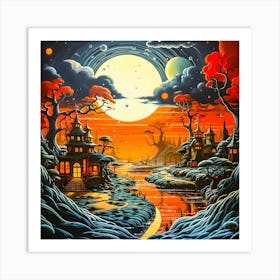 Village at night. Three colour poster. Art Print