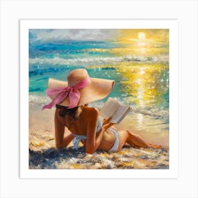 Seaside Serenity The Woman In The Pink Ribbon Hat (3) Art Print