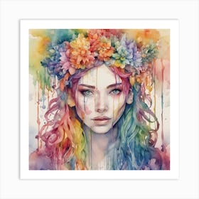 Colorful Girl With Flower Crown 1 Art Print