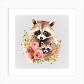 Watercolor Spring Mama And Baby Raccoons Art Print