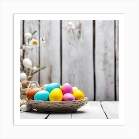 Easter Eggs On A Wooden Table Art Print