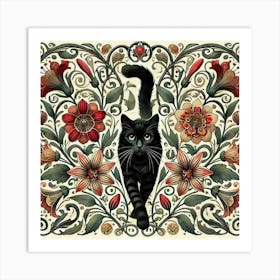 william morris Black Cat With Flowers Art Print