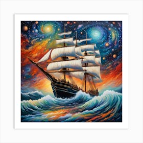 Starry Voyage: Neo-Impressionist Ship Painting wall art Art Print