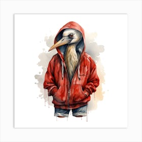 Watercolour Cartoon Crane In A Hoodie 1 Art Print