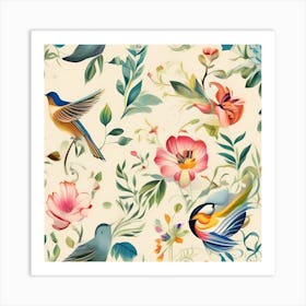 Abstract Magnificent Birds With Flowers -Color Illustration On White Background Art Print