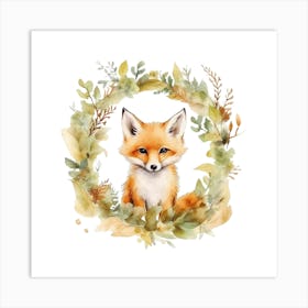 Watercolor Fox In A Wreath Art Print