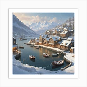 Winter Village By A Quiet Harbor With Snow Art Print