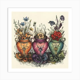 Three Vases With Flowers Art Print