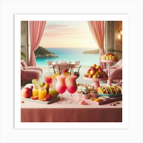 Pink Table With Drinks At The Beach Art Print