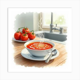 Watercolor Painting Of A Rich And Creamy Tomato Soup On A Stylish Kitchen Countertop Art Print