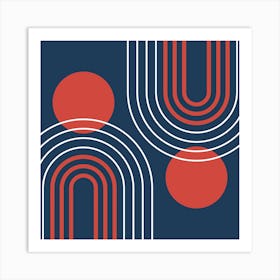 Mid Century Modern Geometric B36 In Navy Blue And Clear Red (Rainbow And Sun Abstract) 02 Art Print