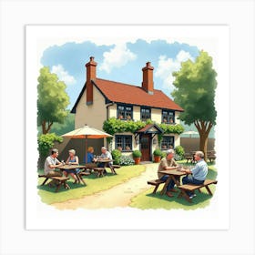 Watercolor Depiction Of An English Pub Beer Garden With Patrons Enjoying The Sun 1 Art Print