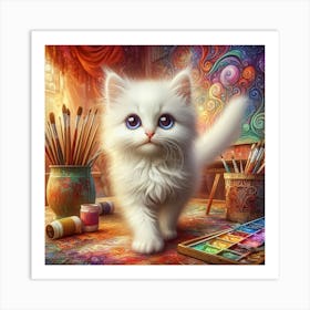 White Cat Painting 3 Art Print