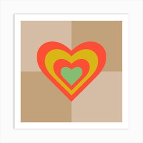 LOVE HEARTS CHECKERBOARD Single Retro Alt Valentines in Coral Yellow Green on Cream Beige Geometric Grid Art Print