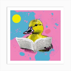 Duckling Reading A Book Linocut Style 1 Art Print