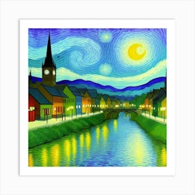 Countryside Elegance: A Timeless Village Starry Night Art Print