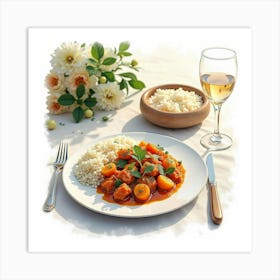 Watercolor Depiction Of A Savory And Aromatic Vegetable Curry On A Fine Dining Table Art Print