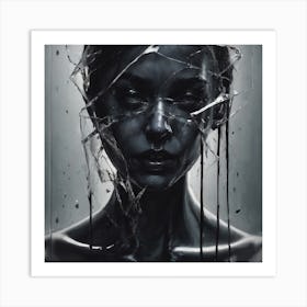 Pale Woman Face Behind Shattered Glass Art Print