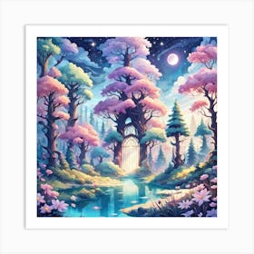 A Fantasy Forest With Twinkling Stars In Pastel Tone Square Composition 28 Art Print