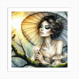 Girl With An Umbrella Art Print