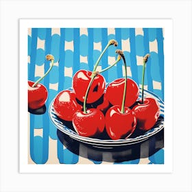 Cherries Pop Art Blue Checkerboard 3 Art Print