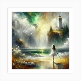 Girl Walks By A Lighthouse Art Print