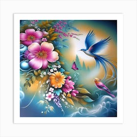 Colorful Flowers And Birds Art Print