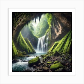 Waterfall In A Cave With Flowing River Art Print