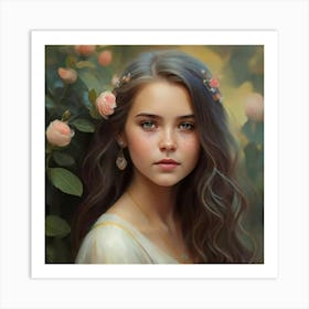 Portrait Of A Girl With Flowers 2 Art Print