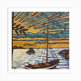 Oil painting of a boat in a body of water, woodcut, inspired by Gustav Baumann 10 Art Print