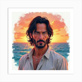 Watercolor Portrait Of Keanu Reeves In A Tranquil Sunset Over The Ocean Art Print