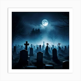 Cemetery Scene On A Halloween Night With Fog And Ghostly Silhouettes Against The Night Sky Haunted (3) Art Print