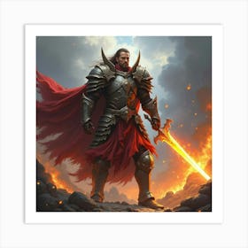 A Fierce Warrior In Enchanted Armor, Wielding A Flaming Sword In Battle 1 Art Print