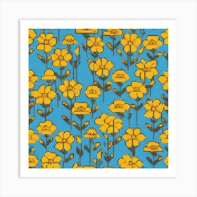 Yellow Flowers On A Blue Background Art Print