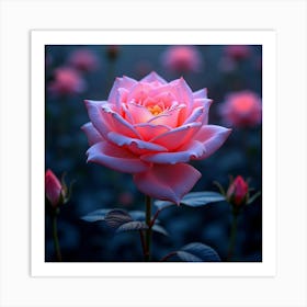 A Dreamy Rose With Petals Of Cascading, Neon Light Blooming In A Surreal Garden Art Print