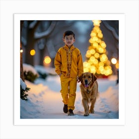 Boy And Dog In The Snow 2 Art Print