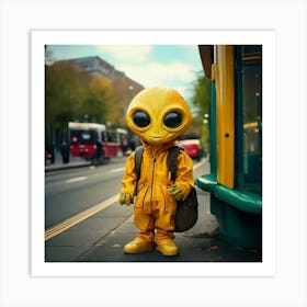 Firefly Friendly Yellow Alien Waiting At A Bus Stop 1622 (2) Art Print